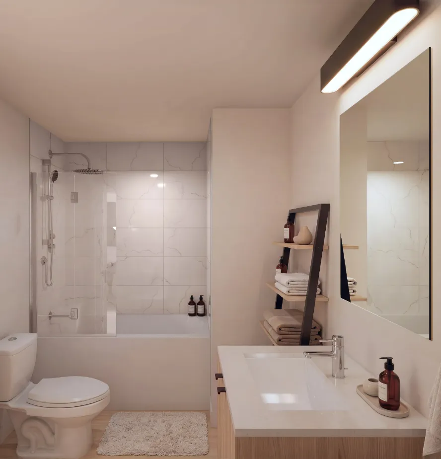 Salle de bain moderne chez le Lionel à Brossard